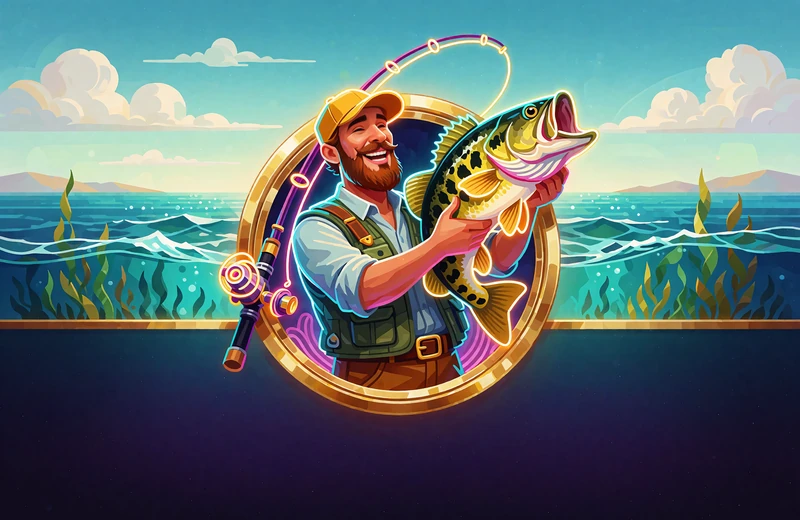 Uśmiechnięty wędkarz w ż&oacute;łtej czapce trzyma dużego okonia na tle morza - grafika slotu Big Bass Bonanza