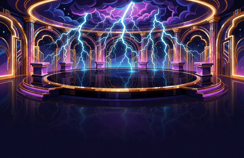 Czarna scena studia live pod burzowym niebem, w kt&oacute;rą uderzają niebieskie pioruny - ruletka Lightning Storm Live