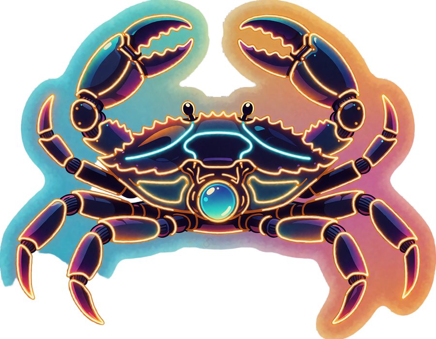 Neonowy mechaniczny krab z uniesionymi szczypcami w cyjanowo-złotym świetle - symbol Bonus Crab w Wyns Casino