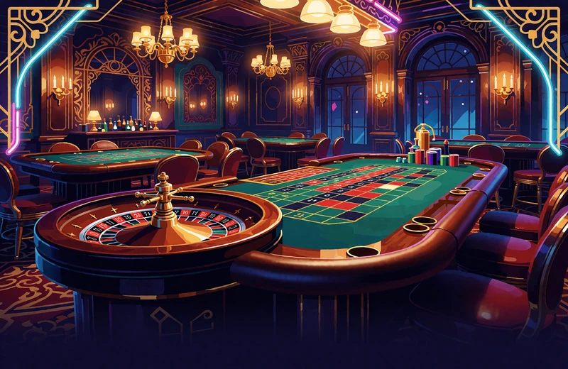 Drewniane koło ruletki i zielony st&oacute;ł w bogatym saloonie z żyrandolami - ruletka na żywo Gold Saloon Roulette