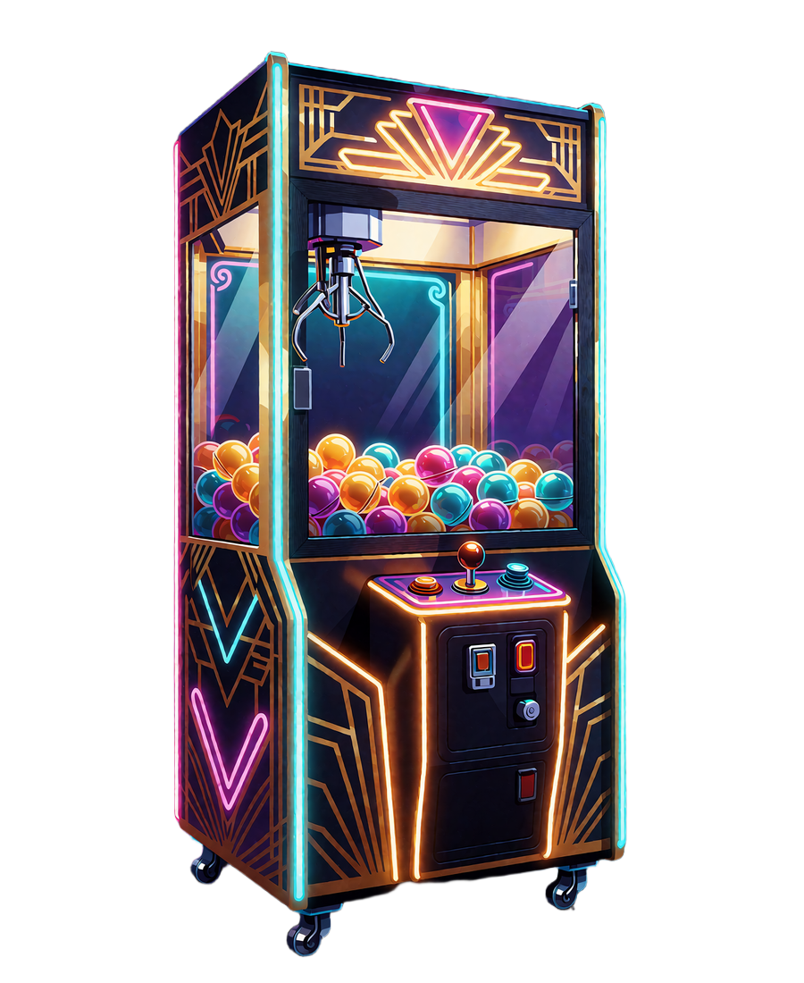 Neonowa automat arkadowy z chwytakiem i kapsułkami w stylu Art Deco - maszyna Bonus Crab w Wyns Casino