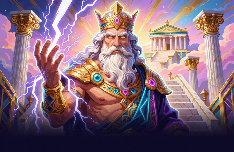 Ilustracja brodatego boga piorun&oacute;w w złotej koronie przed marmurową świątynią - motyw slotu Gates of Olympus 1000