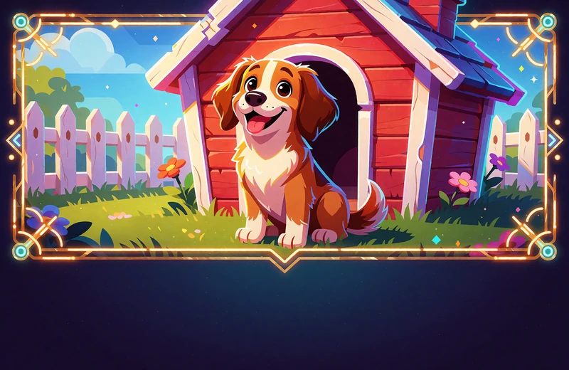 Rysunkowy piesek z klapniętymi uszami przed czerwoną budą na trawniku - slot Dog House Megaways w kasynie online