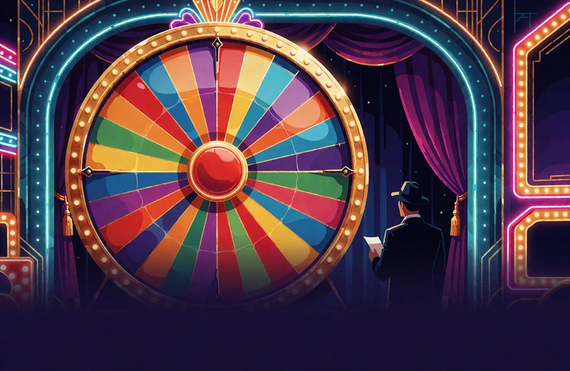 Wielkie kolorowe koło fortuny na scenie z fioletowymi kurtynami - teleturniej na żywo Crazy Time w Wyns Casino